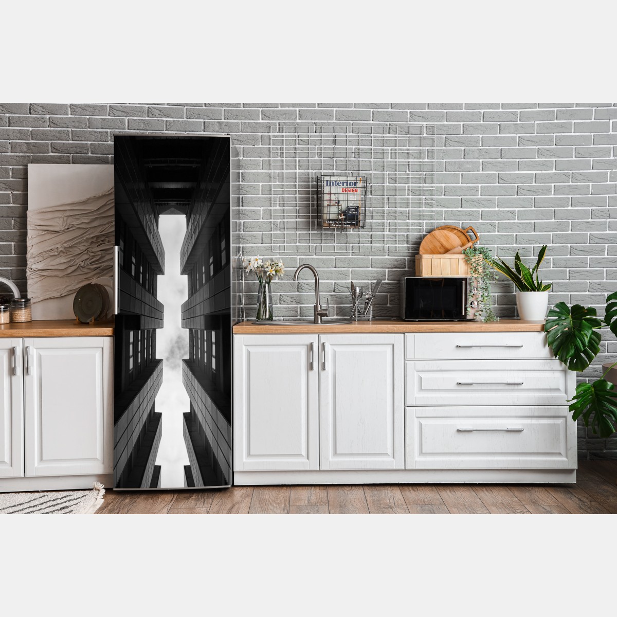 Naklejka na lodówkę pionowa miejska symetria w monochromie – Wallissimo® Naklejka na lodówkę pionowa miejska symetria w monochromie – Wallissimo®