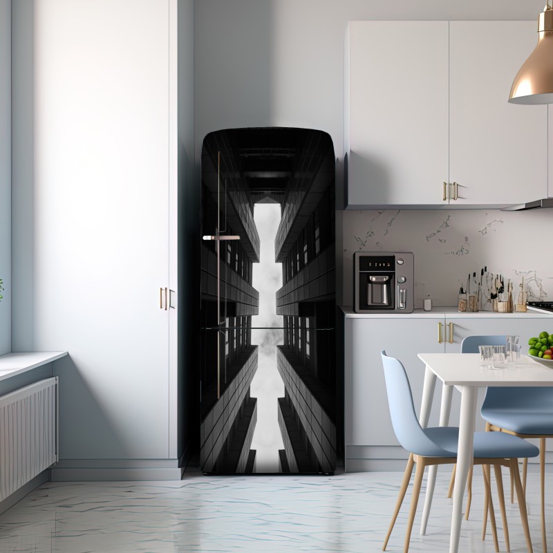 Naklejka na lodówkę pionowa miejska symetria w monochromie – Wallissimo® Naklejka na lodówkę pionowa miejska symetria w monochromie – Wallissimo®