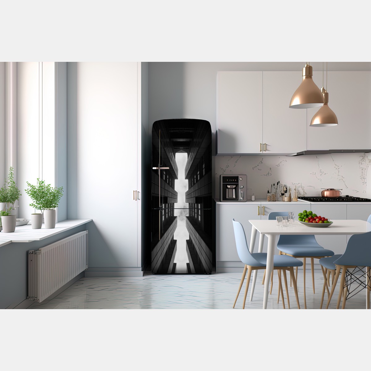 Naklejka na lodówkę pionowa miejska symetria w monochromie – Wallissimo® Naklejka na lodówkę pionowa miejska symetria w monochromie – Wallissimo®