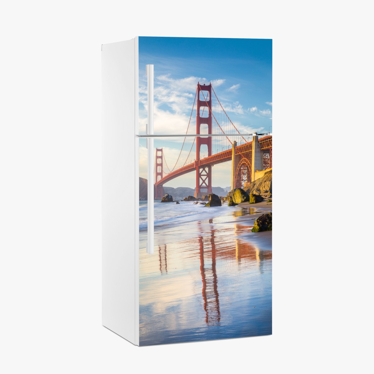 Fridge sticker Golden Gate Bridge reflection on the shore – Wallissimo®