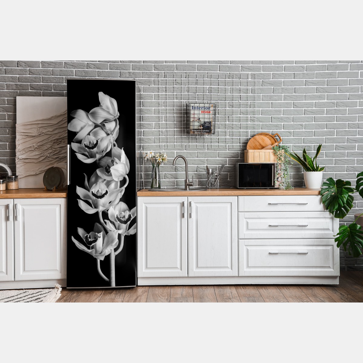 Naklejka na lodówkę elegancka monochromatyczna gałąź orchidei – Wallissimo® Naklejka na lodówkę elegancka monochromatyczna gałąź orchidei – Wallissimo®