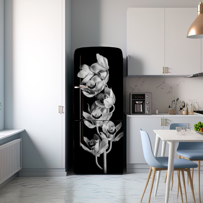 Naklejka na lodówkę elegancka monochromatyczna gałąź orchidei – Wallissimo® Naklejka na lodówkę elegancka monochromatyczna gałąź orchidei – Wallissimo®