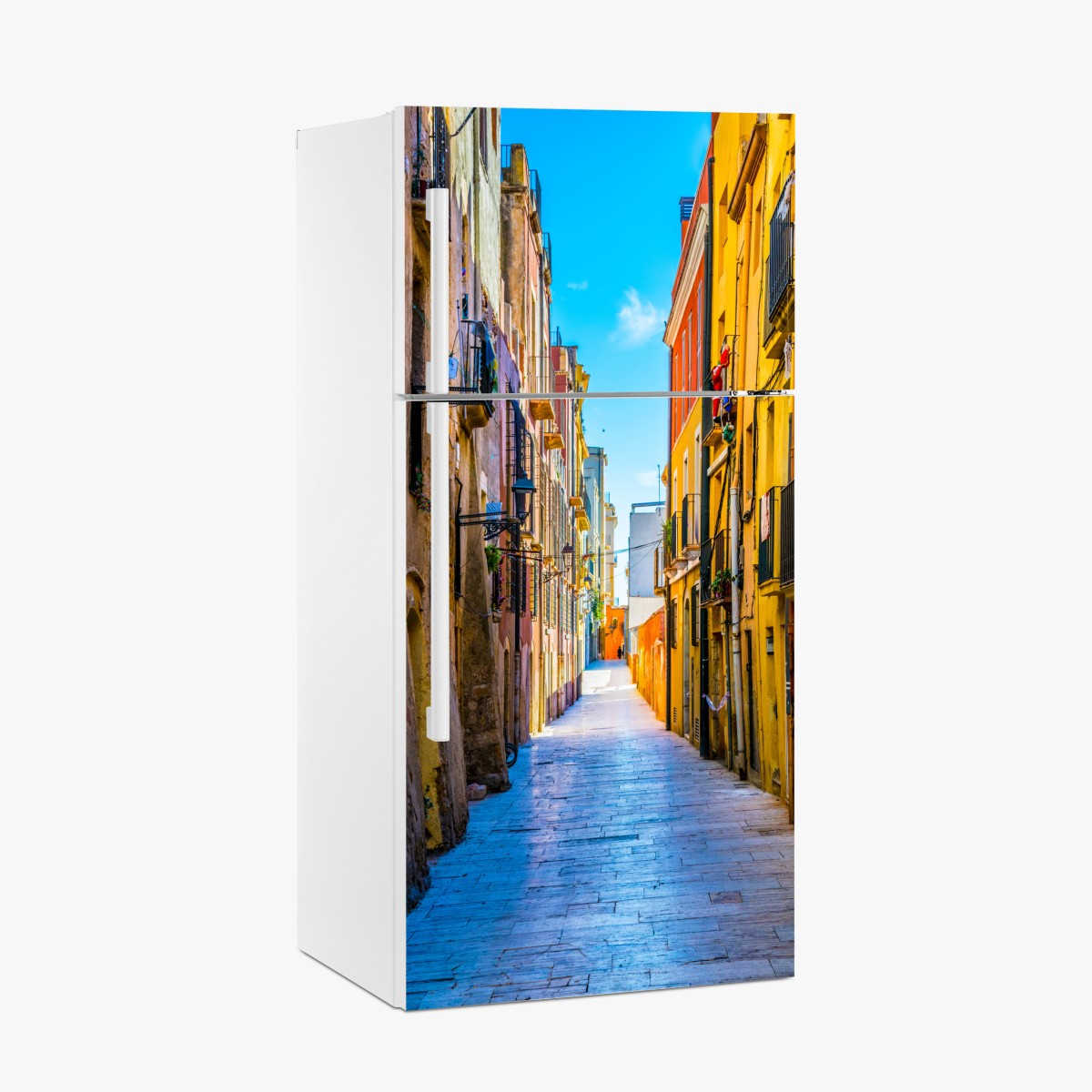 Fridge sticker sunlit Mediterranean street with colorful facades – Wallissimo®