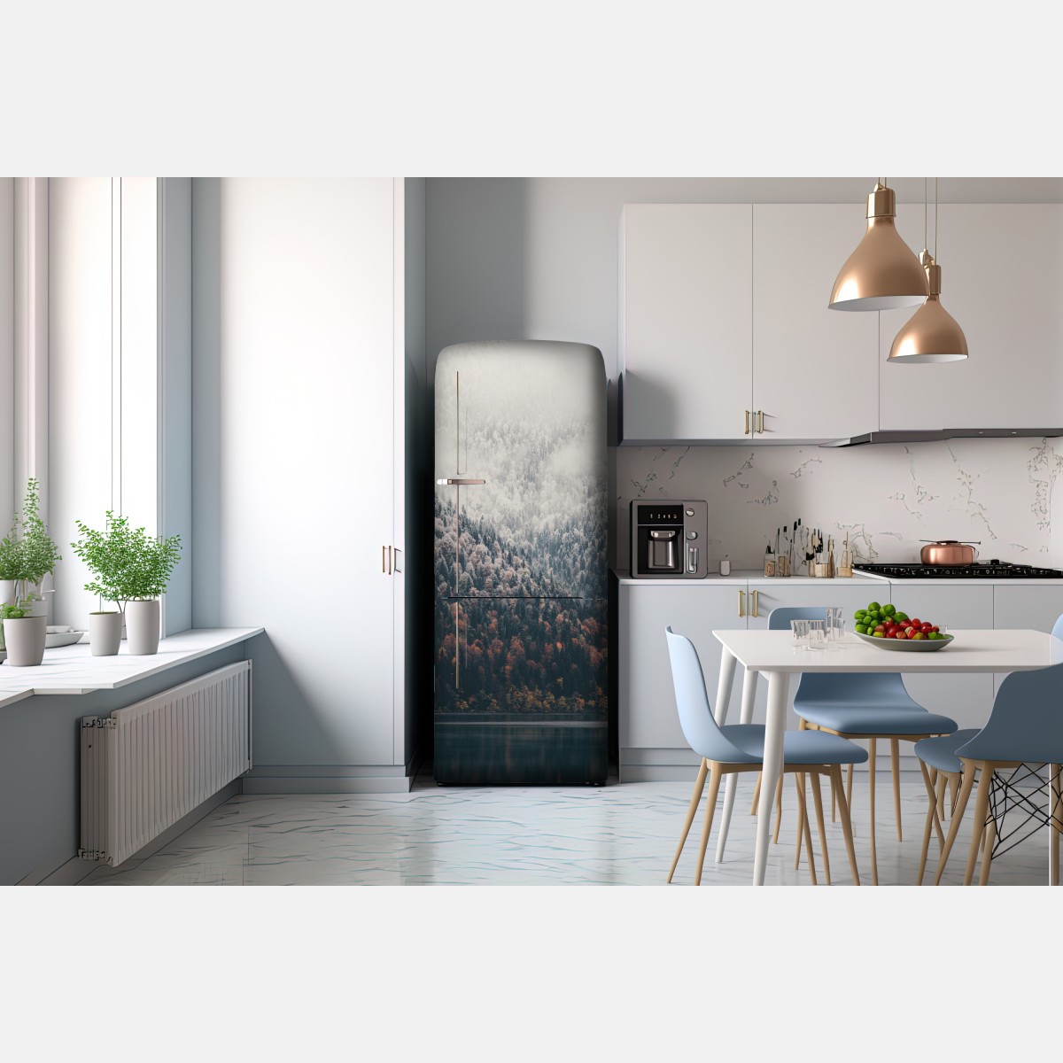 Naklejka na lodówkę jesienna mgła nad górskim lasem – Wallissimo® Naklejka na lodówkę jesienna mgła nad górskim lasem – Wallissimo®