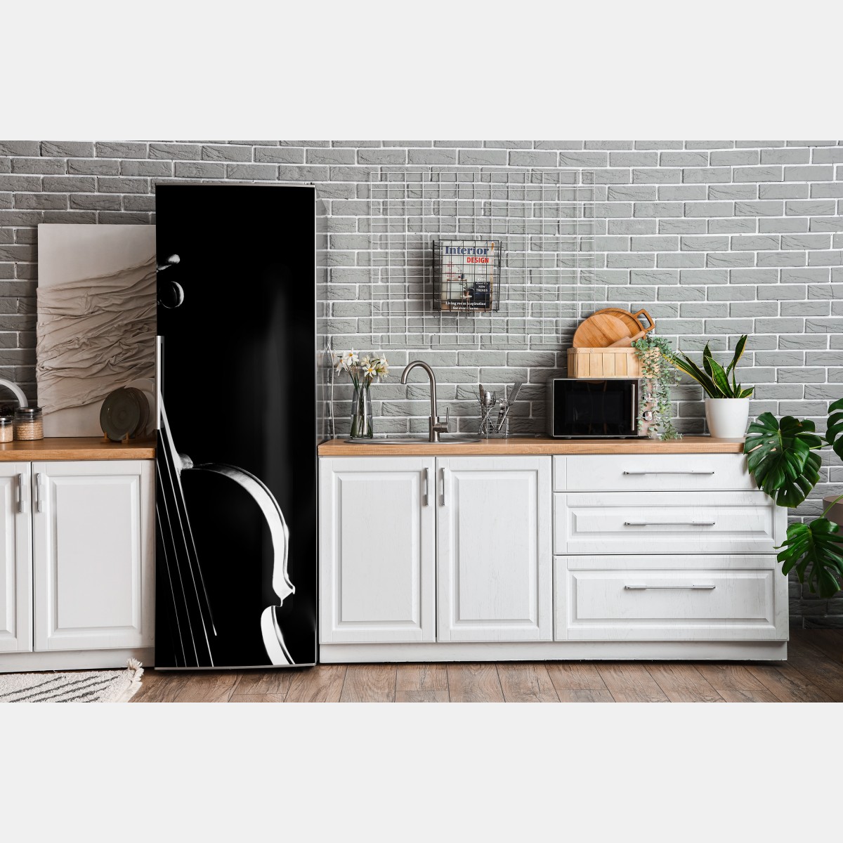 Naklejka na lodówkę elegancka sylwetka skrzypiec na czarnym tle – Wallissimo® Naklejka na lodówkę elegancka sylwetka skrzypiec na czarnym tle – Wallissimo®