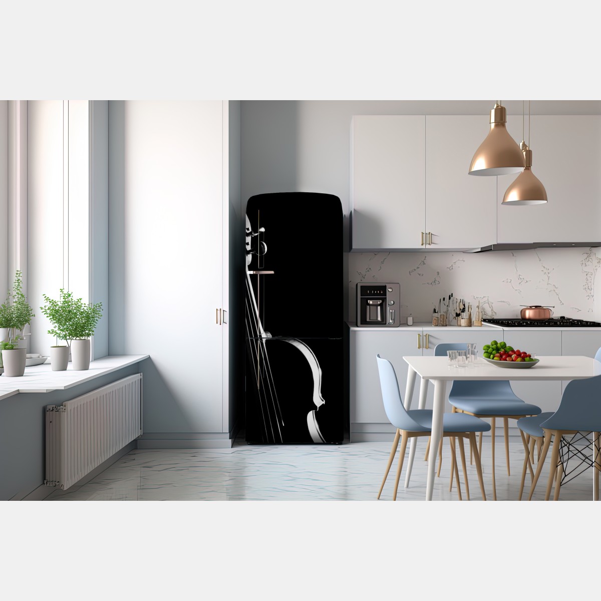 Naklejka na lodówkę elegancka sylwetka skrzypiec na czarnym tle – Wallissimo® Naklejka na lodówkę elegancka sylwetka skrzypiec na czarnym tle – Wallissimo®