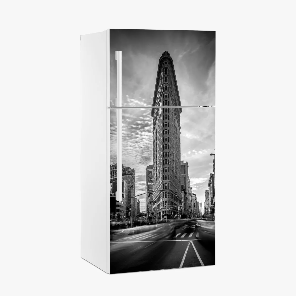 Naklejka na lodówkę Flatiron, Nowy Jork — architektura w monochromie – Wallissimo® Naklejka na lodówkę Flatiron, Nowy Jork — architektura w monochromie – Wallissimo®