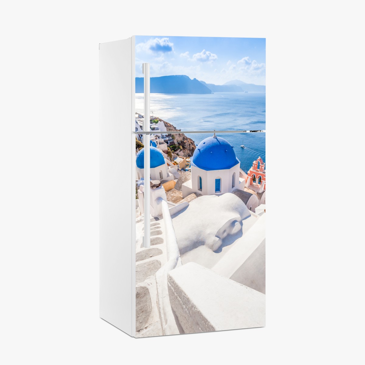 Fridge sticker sunlit Santorini blue domes and sea view – Wallissimo®