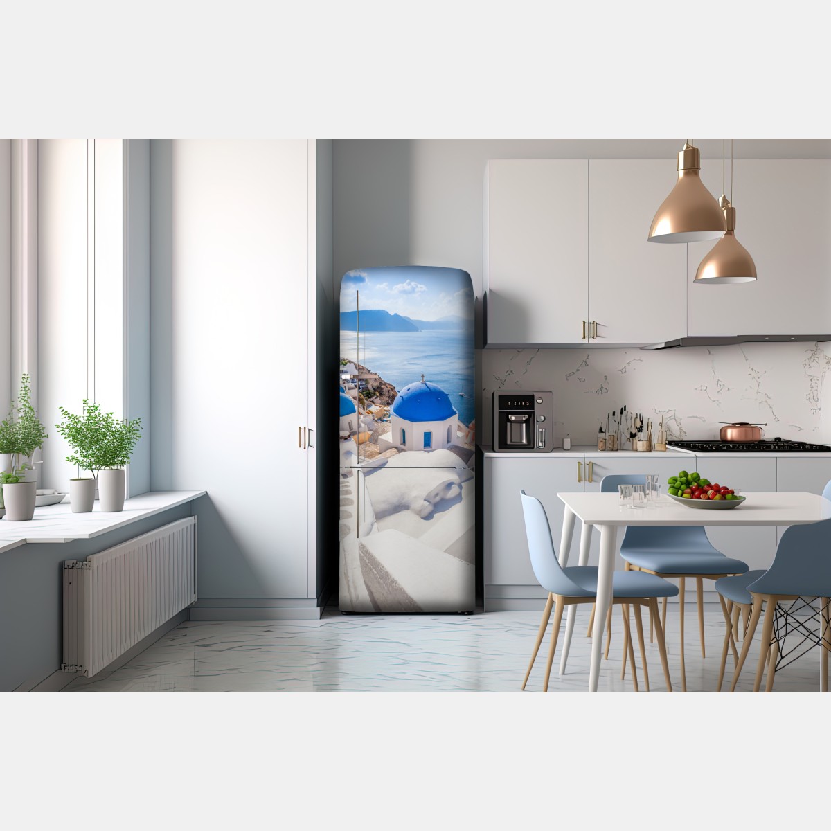 Naklejka na lodówkę słoneczne Santorini niebieskie kopuły i widok na morze – Wallissimo® Naklejka na lodówkę słoneczne Santorini niebieskie kopuły i widok na morze – Wallissimo®