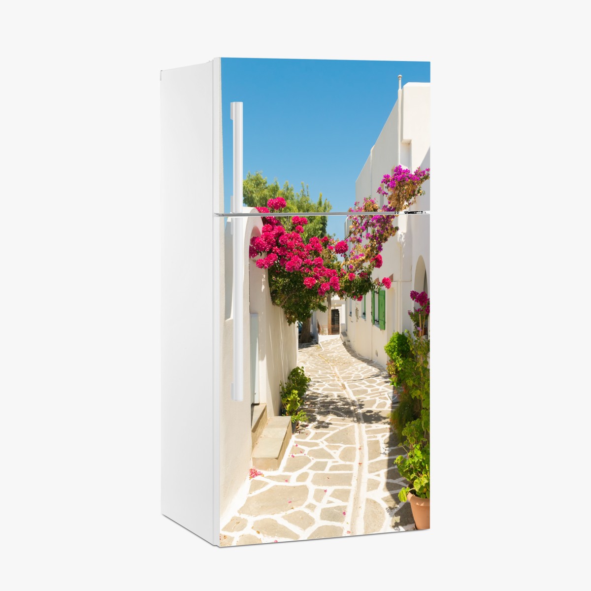 Fridge sticker sunlit Mediterranean alley with bougainvillea – Wallissimo®