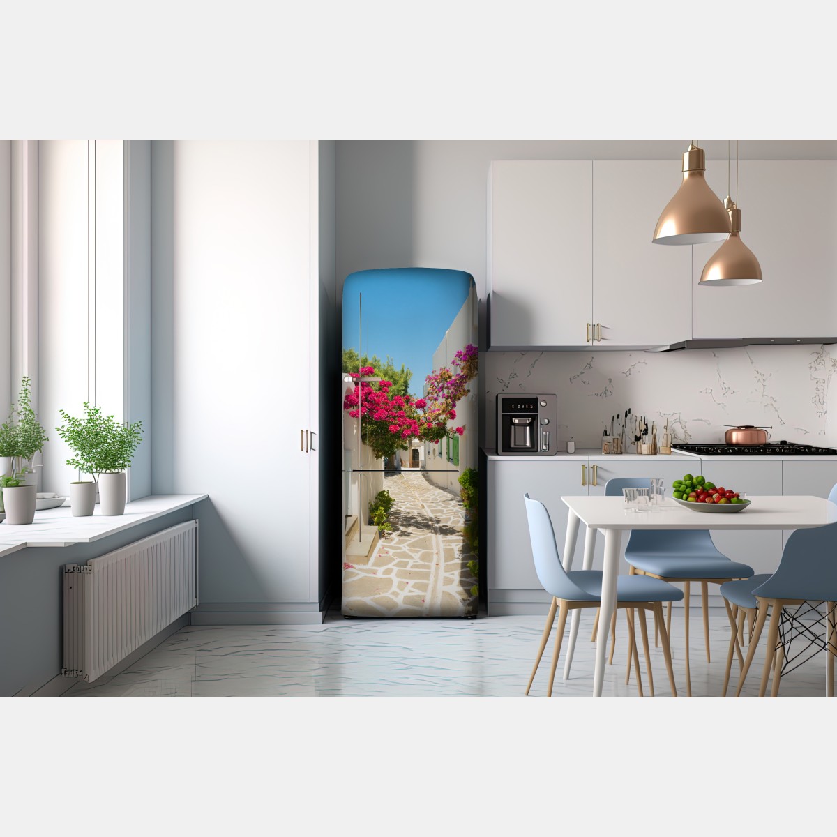 Naklejka na lodówkę słoneczna śródziemnomorska uliczka z bugenwillą – Wallissimo® Naklejka na lodówkę słoneczna śródziemnomorska uliczka z bugenwillą – Wallissimo®