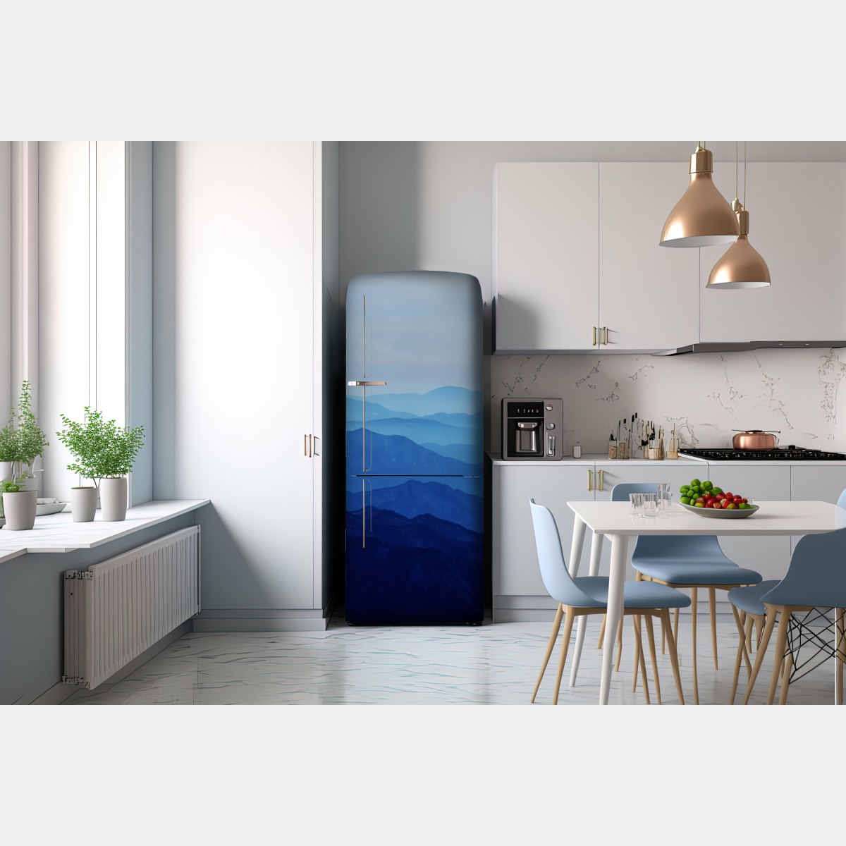 Naklejka na lodówkę mglista niebieska panorama gór – Wallissimo® Naklejka na lodówkę mglista niebieska panorama gór – Wallissimo®