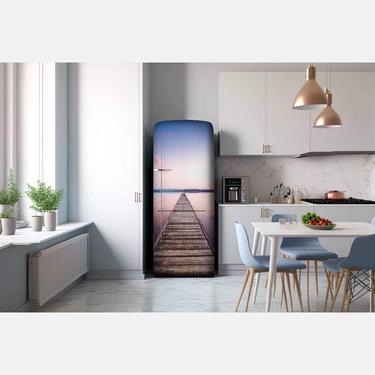 Naklejka na lodówkę pomost prowadzący w stronę horyzontu o zachodzie słońca – Wallissimo® Naklejka na lodówkę pomost prowadzący w stronę horyzontu o zachodzie słońca – Wallissimo®