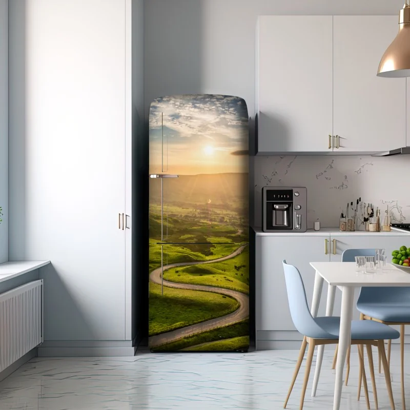 Naklejka na lodówkę złoty zachód słońca nad krętą wiejską drogą – Wallissimo® Naklejka na lodówkę złoty zachód słońca nad krętą wiejską drogą – Wallissimo®