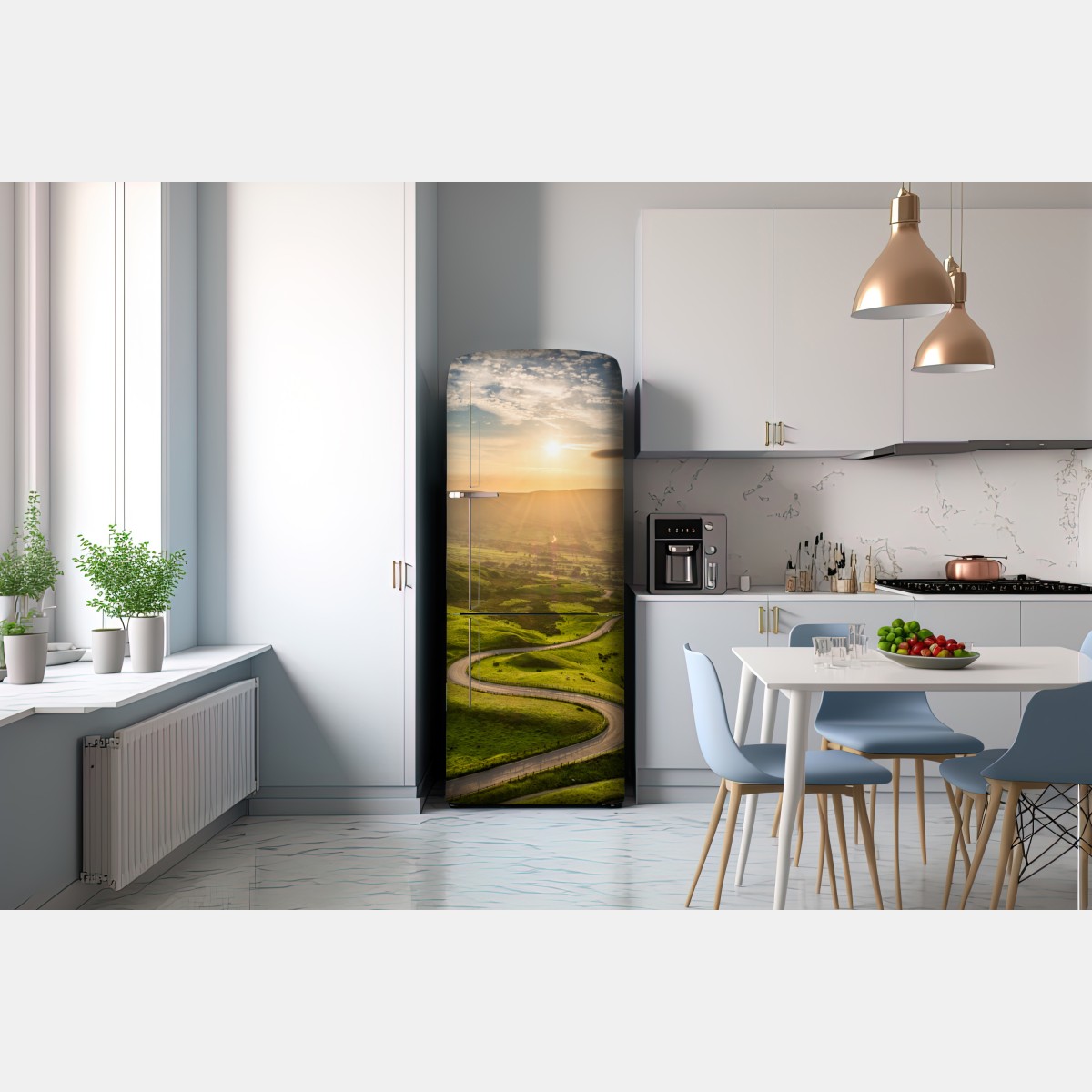 Naklejka na lodówkę złoty zachód słońca nad krętą wiejską drogą – Wallissimo® Naklejka na lodówkę złoty zachód słońca nad krętą wiejską drogą – Wallissimo®