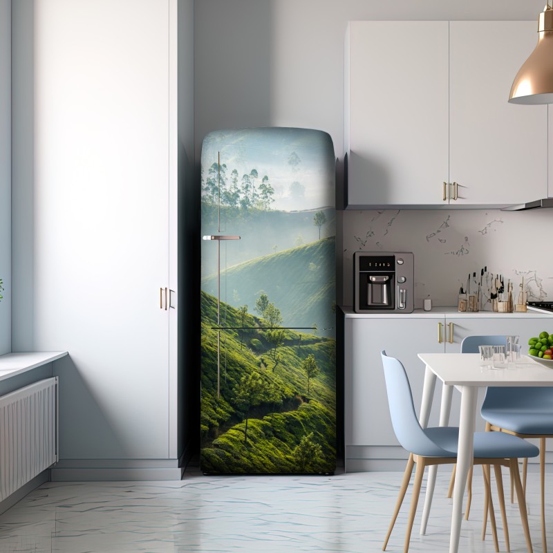 Naklejka na lodówkę mglisty krajobraz plantacji herbaty w Munnar – Wallissimo® Naklejka na lodówkę mglisty krajobraz plantacji herbaty w Munnar – Wallissimo®