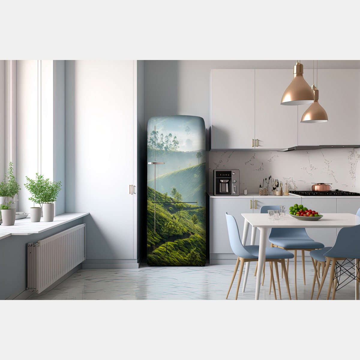 Naklejka na lodówkę mglisty krajobraz plantacji herbaty w Munnar – Wallissimo® Naklejka na lodówkę mglisty krajobraz plantacji herbaty w Munnar – Wallissimo®