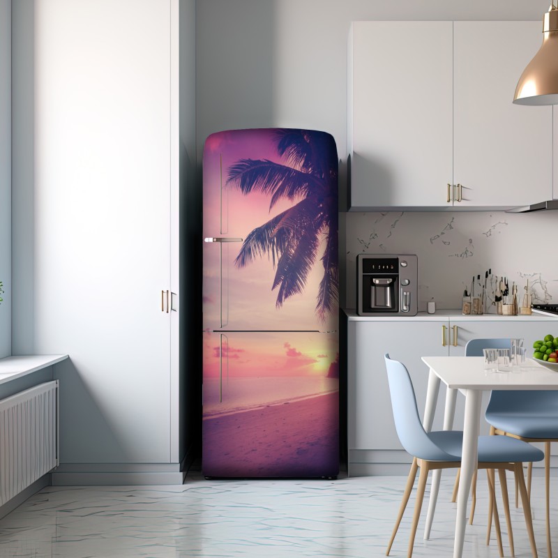 Naklejka na lodówkę tropikalny zachód słońca na plaży – Wallissimo® Naklejka na lodówkę tropikalny zachód słońca na plaży – Wallissimo®