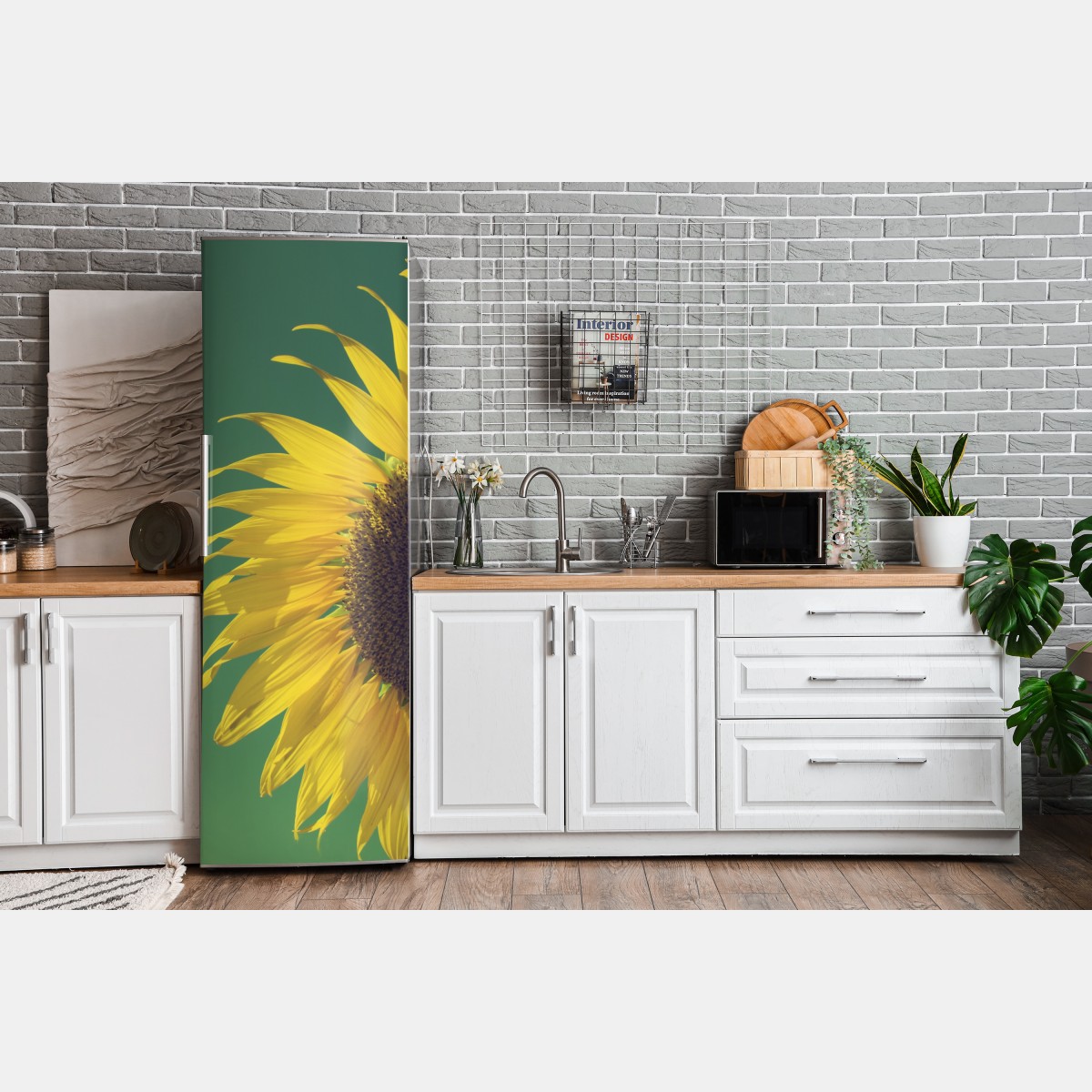 Naklejka na lodówkę promienny słonecznik na retro niebie – Wallissimo® Naklejka na lodówkę promienny słonecznik na retro niebie – Wallissimo®