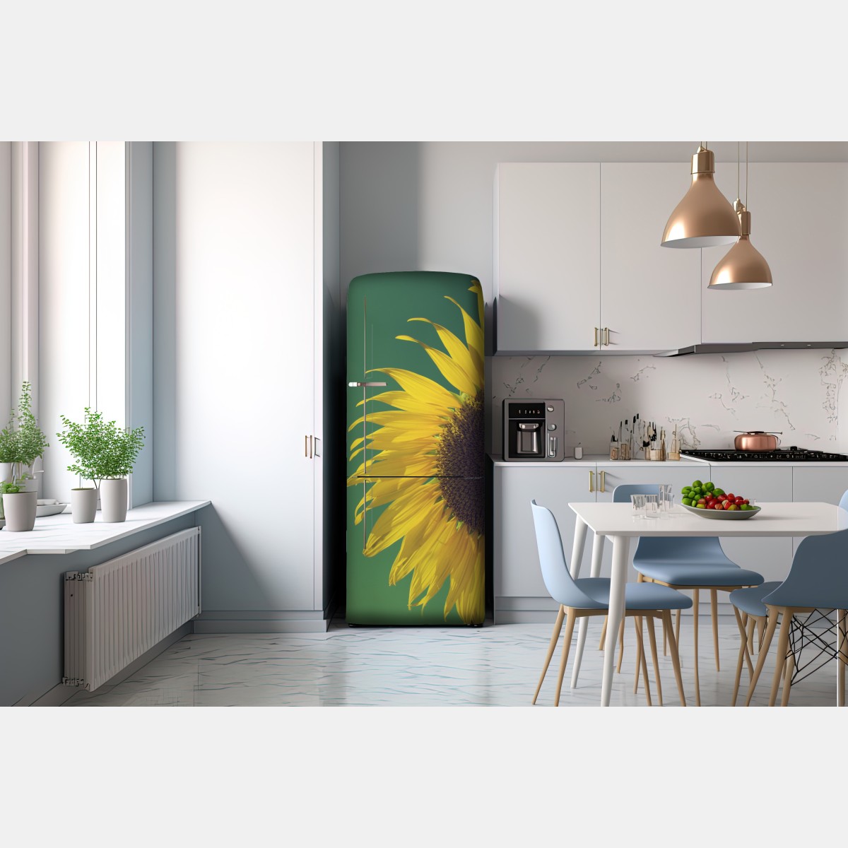 Naklejka na lodówkę promienny słonecznik na retro niebie – Wallissimo® Naklejka na lodówkę promienny słonecznik na retro niebie – Wallissimo®