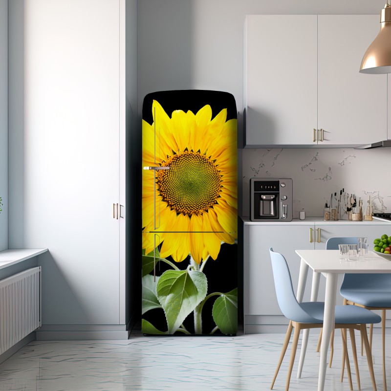 Naklejka na lodówkę jaskrawy słonecznik na czarnym tle – Wallissimo® Naklejka na lodówkę jaskrawy słonecznik na czarnym tle – Wallissimo®