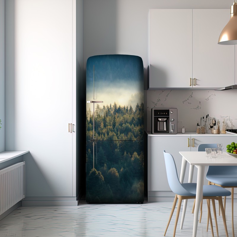 Naklejka na lodówkę mglisty las sosnowy o świcie – Wallissimo® Naklejka na lodówkę mglisty las sosnowy o świcie – Wallissimo®