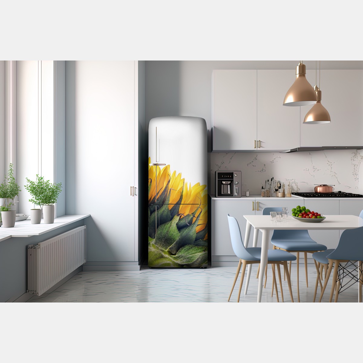 Naklejka na lodówkę słonecznik w rogu na białym tle – Wallissimo® Naklejka na lodówkę słonecznik w rogu na białym tle – Wallissimo®