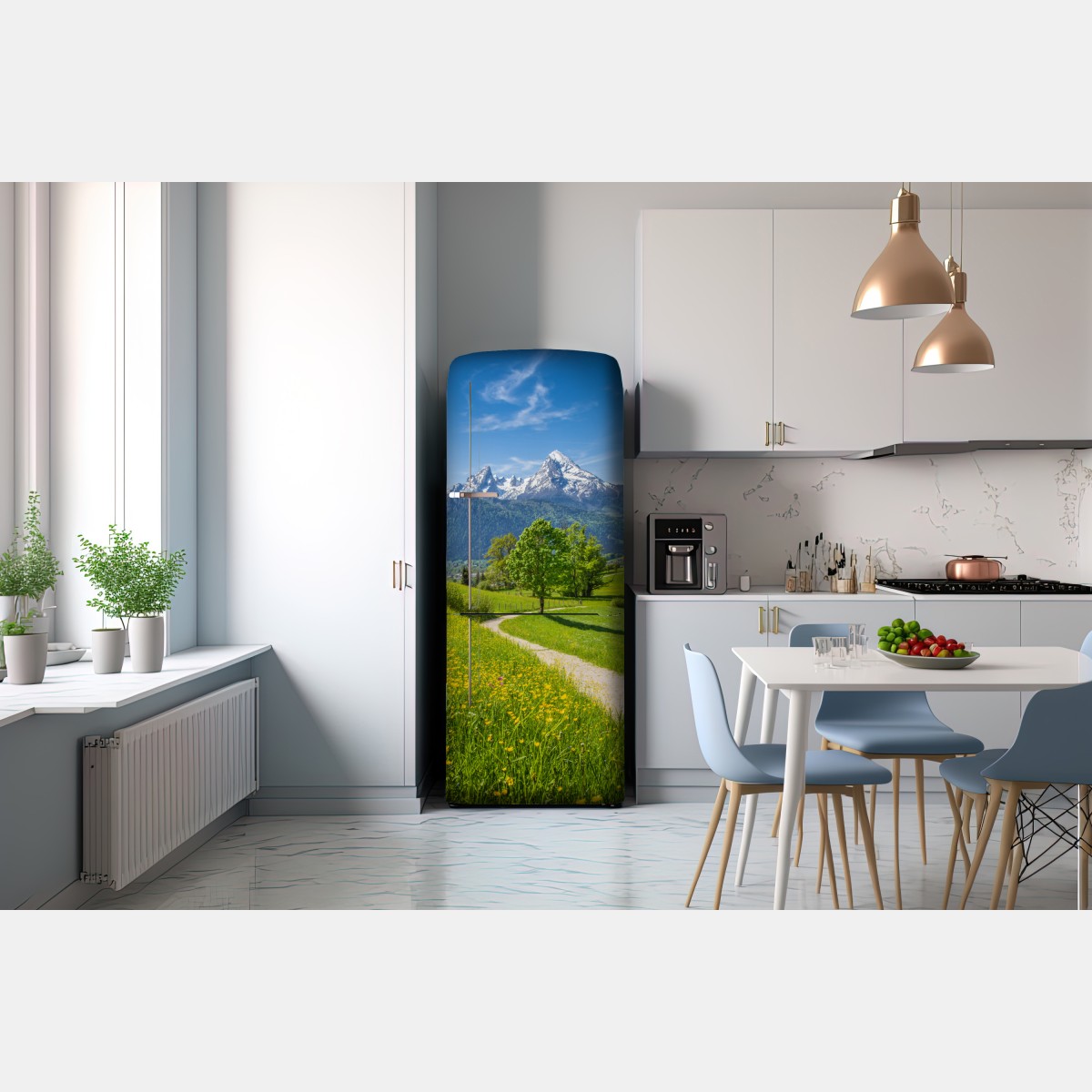 Naklejka na lodówkę alpejska łąka i górska ścieżka – Wallissimo® Naklejka na lodówkę alpejska łąka i górska ścieżka – Wallissimo®