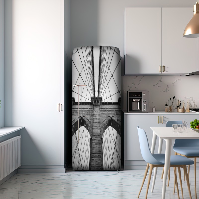 Naklejka na lodówkę perspektywa Mostu Brooklyńskiego w monochromie – Wallissimo® Naklejka na lodówkę perspektywa Mostu Brooklyńskiego w monochromie – Wallissimo®