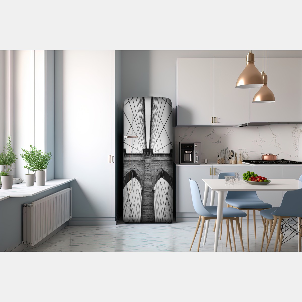 Naklejka na lodówkę perspektywa Mostu Brooklyńskiego w monochromie – Wallissimo® Naklejka na lodówkę perspektywa Mostu Brooklyńskiego w monochromie – Wallissimo®