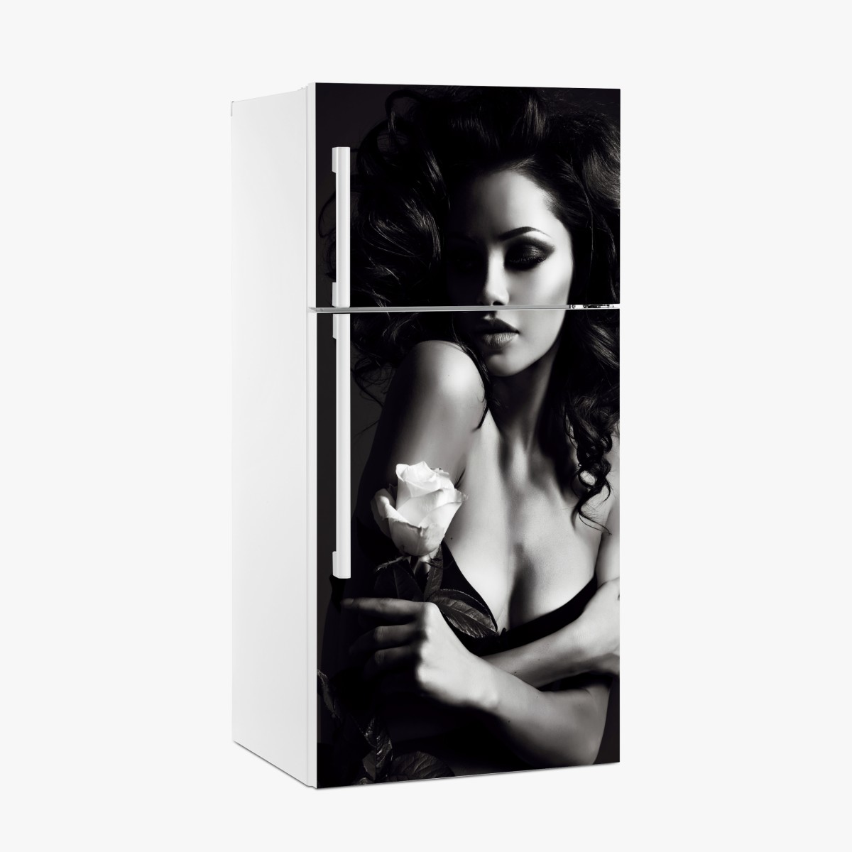Fridge sticker sensual black and white portrait with rose – Wallissimo®