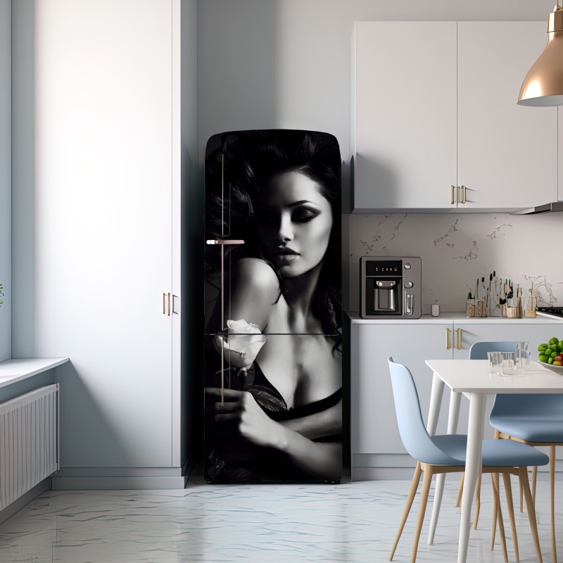 Naklejka na lodówkę zmysłowy czarno-biały portret z różą – Wallissimo® Naklejka na lodówkę zmysłowy czarno-biały portret z różą – Wallissimo®