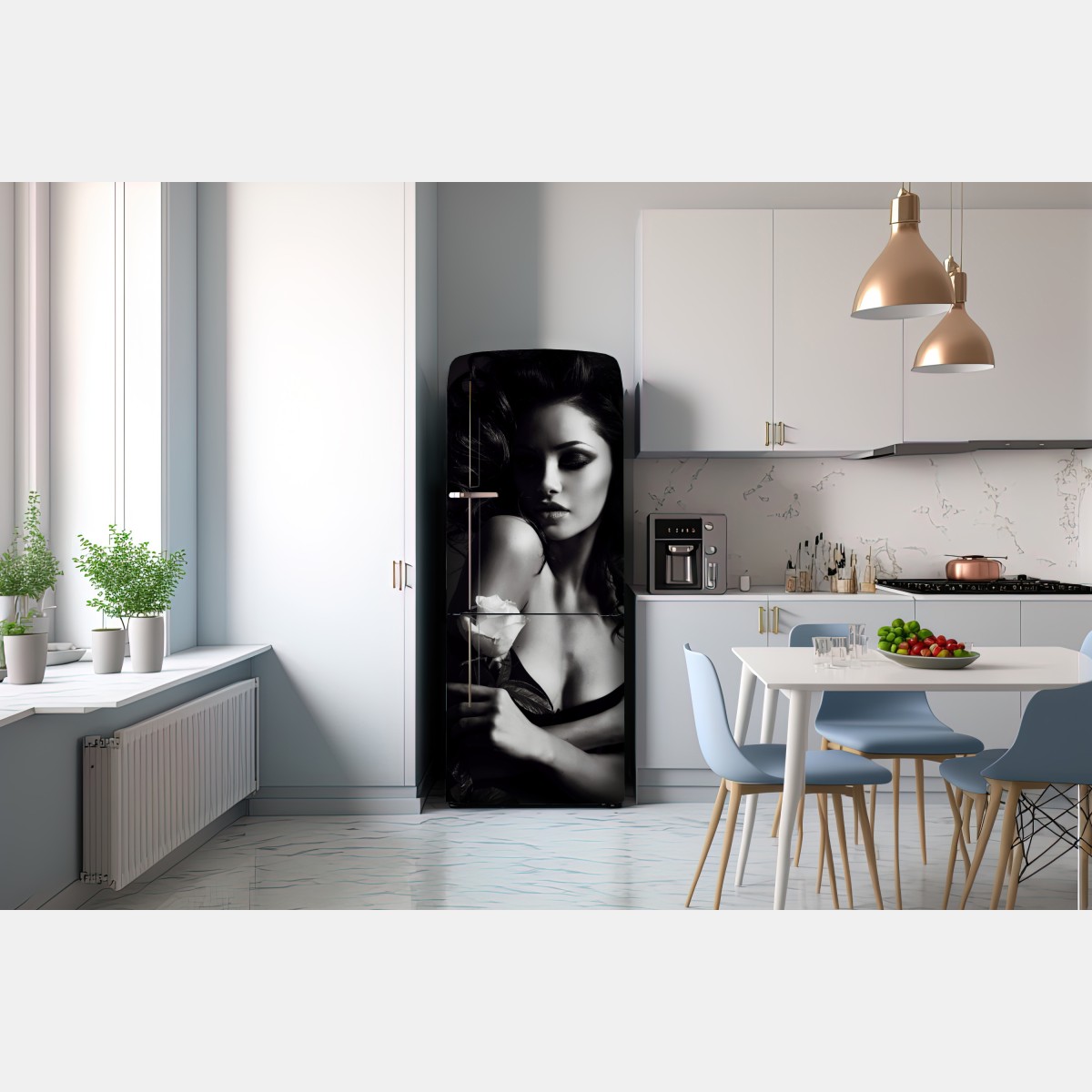 Naklejka na lodówkę zmysłowy czarno-biały portret z różą – Wallissimo® Naklejka na lodówkę zmysłowy czarno-biały portret z różą – Wallissimo®