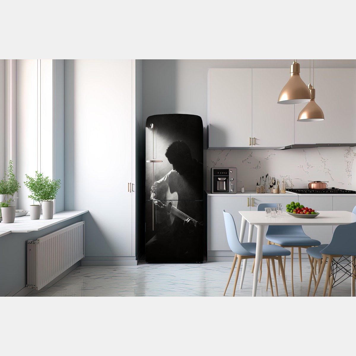 Naklejka na lodówkę sylwetka gitarzysty w świetle reflektora – Wallissimo® Naklejka na lodówkę sylwetka gitarzysty w świetle reflektora – Wallissimo®