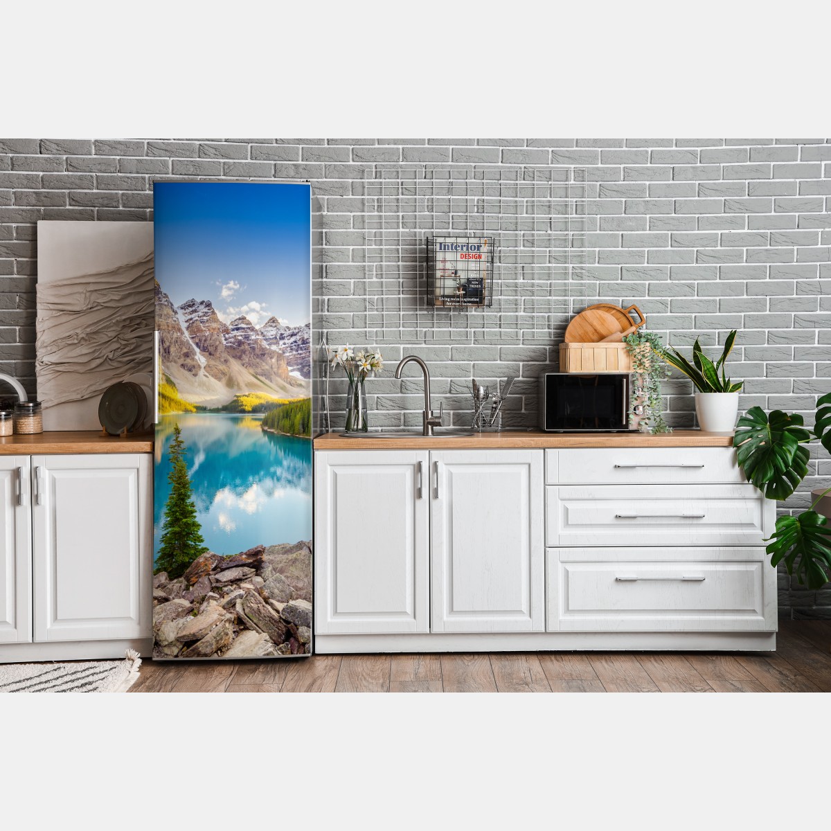 Naklejka na lodówkę słoneczne jezioro Moraine i górski widok – Wallissimo® Naklejka na lodówkę słoneczne jezioro Moraine i górski widok – Wallissimo®