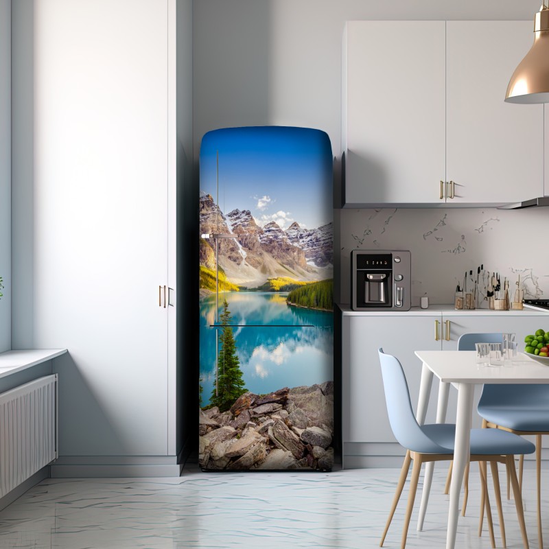 Naklejka na lodówkę słoneczne jezioro Moraine i górski widok – Wallissimo® Naklejka na lodówkę słoneczne jezioro Moraine i górski widok – Wallissimo®