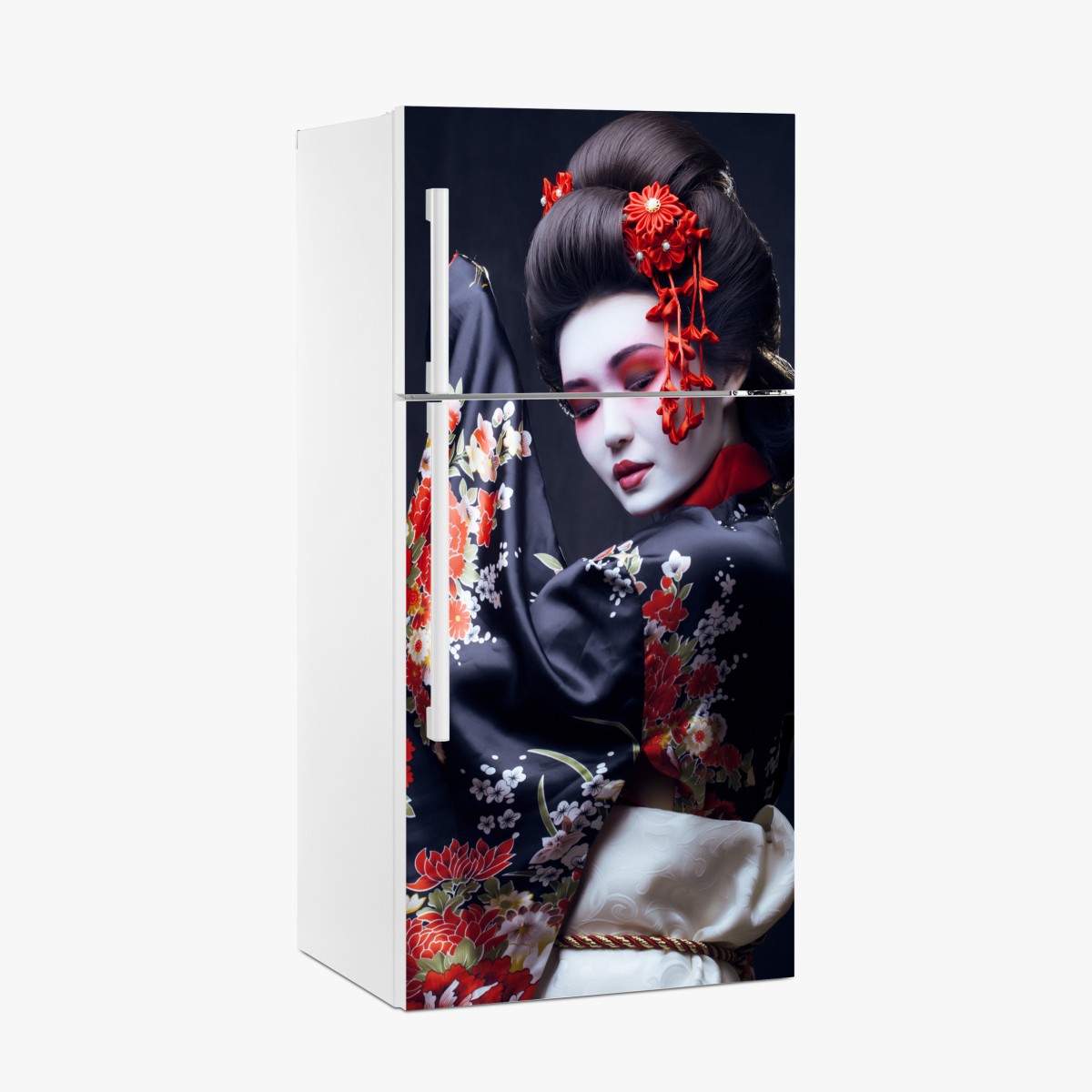 Fridge sticker elegant geisha portrait in red and black kimono – Wallissimo®