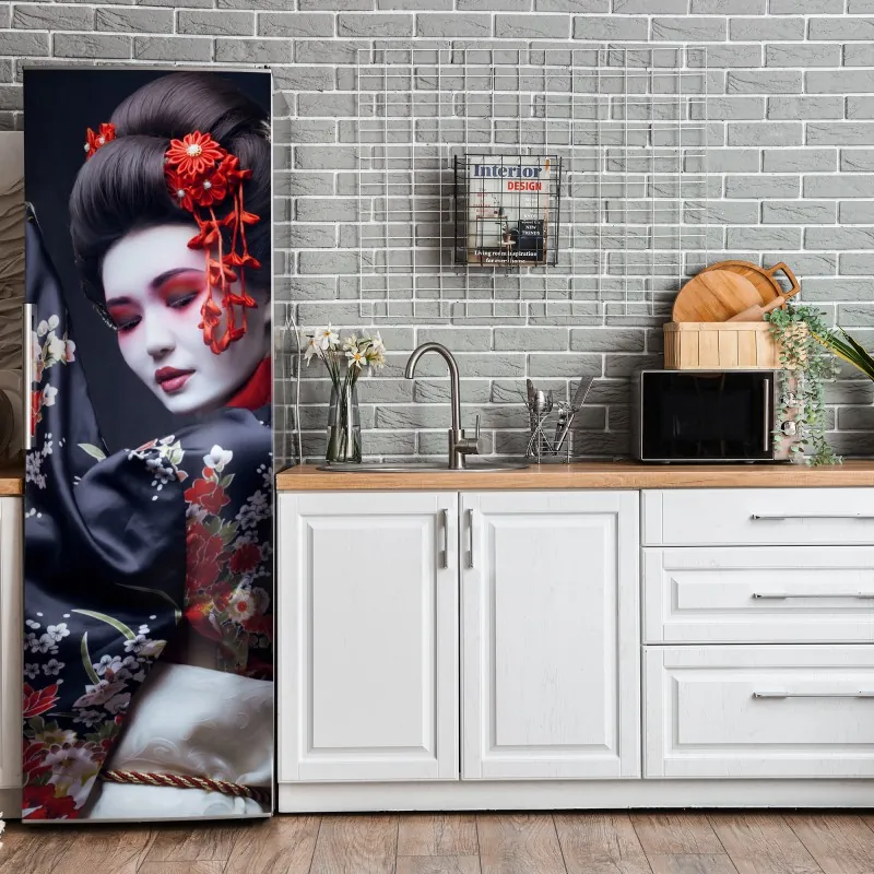 Naklejka na lodówkę elegancki portret gejszy w czerwonym i czarnym kimonie – Wallissimo® Naklejka na lodówkę elegancki portret gejszy w czerwonym i czarnym kimonie – Wallissimo®
