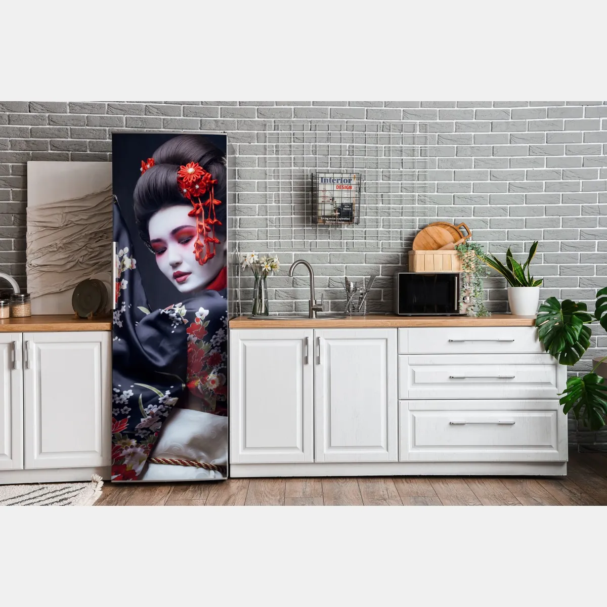 Naklejka na lodówkę elegancki portret gejszy w czerwonym i czarnym kimonie – Wallissimo® Naklejka na lodówkę elegancki portret gejszy w czerwonym i czarnym kimonie – Wallissimo®