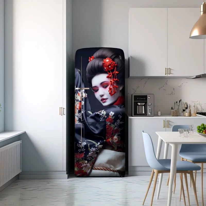 Naklejka na lodówkę elegancki portret gejszy w czerwonym i czarnym kimonie – Wallissimo® Naklejka na lodówkę elegancki portret gejszy w czerwonym i czarnym kimonie – Wallissimo®