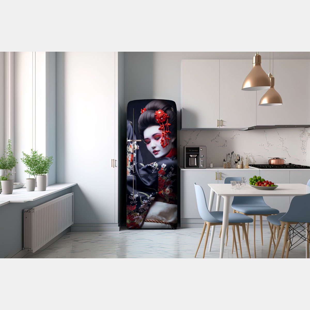 Naklejka na lodówkę elegancki portret gejszy w czerwonym i czarnym kimonie – Wallissimo® Naklejka na lodówkę elegancki portret gejszy w czerwonym i czarnym kimonie – Wallissimo®