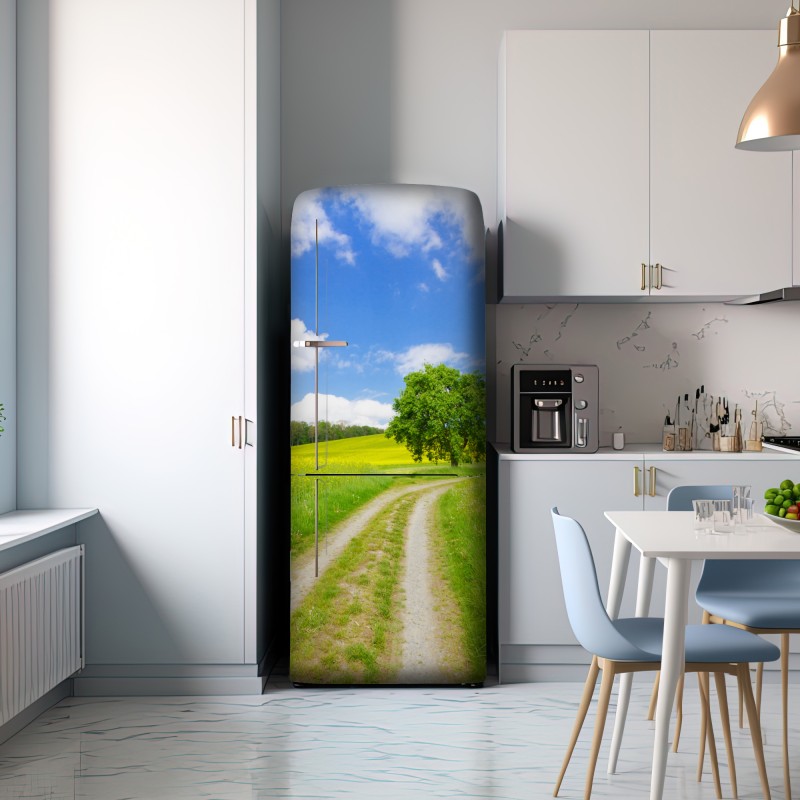 Naklejka na lodówkę słoneczna wiejska ścieżka z samotnym drzewem – Wallissimo® Naklejka na lodówkę słoneczna wiejska ścieżka z samotnym drzewem – Wallissimo®