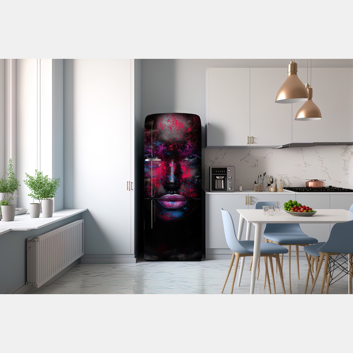 Naklejka na lodówkę dramatyczny neonowy portret twarzy – Wallissimo® Naklejka na lodówkę dramatyczny neonowy portret twarzy – Wallissimo®