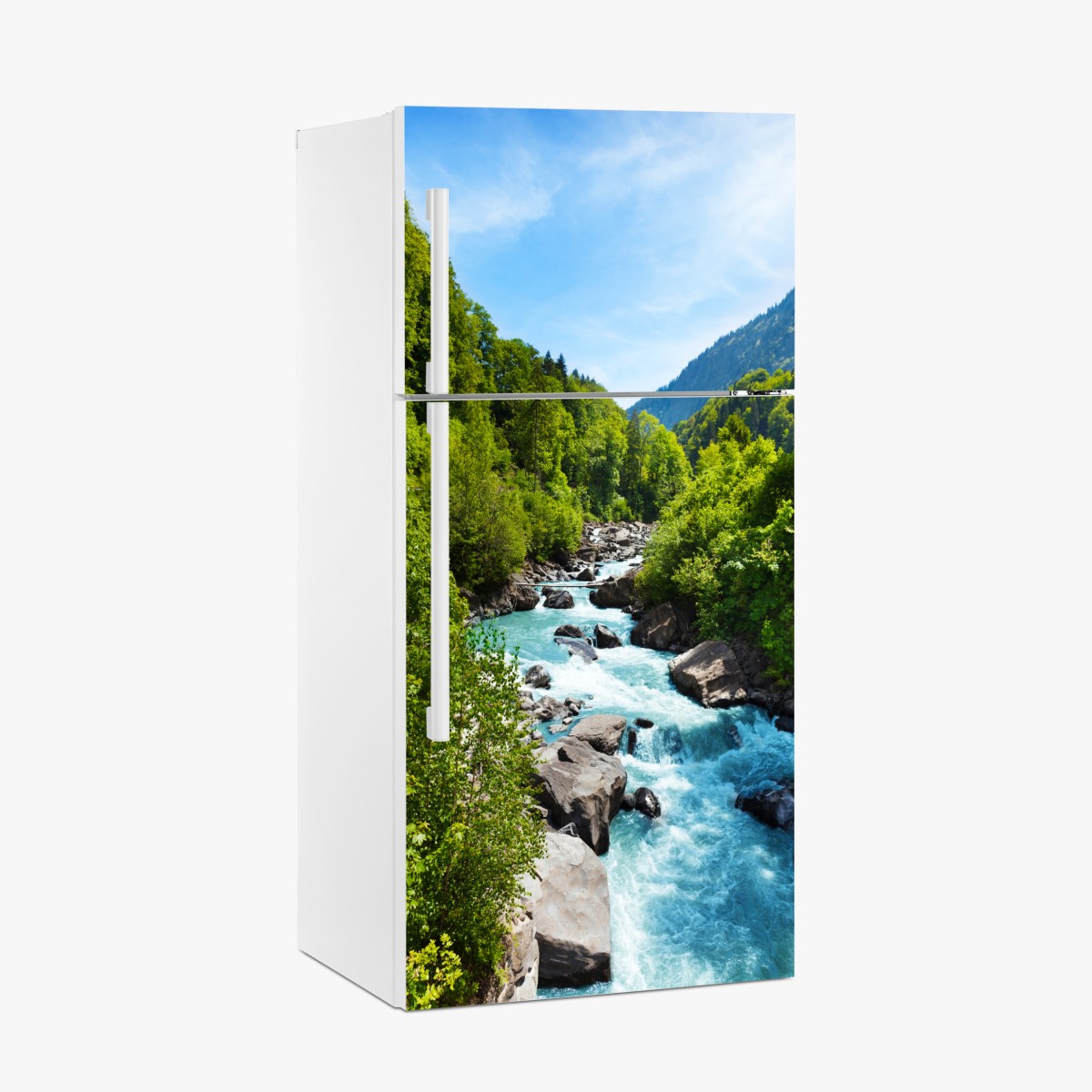 Fridge sticker mountain river in lush green valley – Wallissimo®