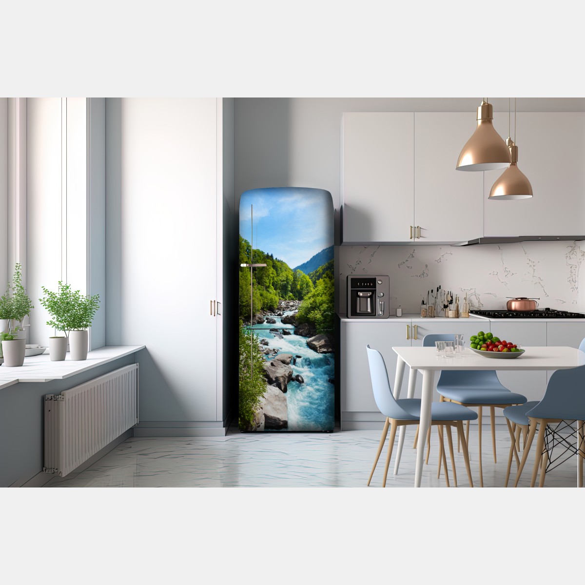 Naklejka na lodówkę górska rzeka w bujnej zieleni – Wallissimo® Naklejka na lodówkę górska rzeka w bujnej zieleni – Wallissimo®
