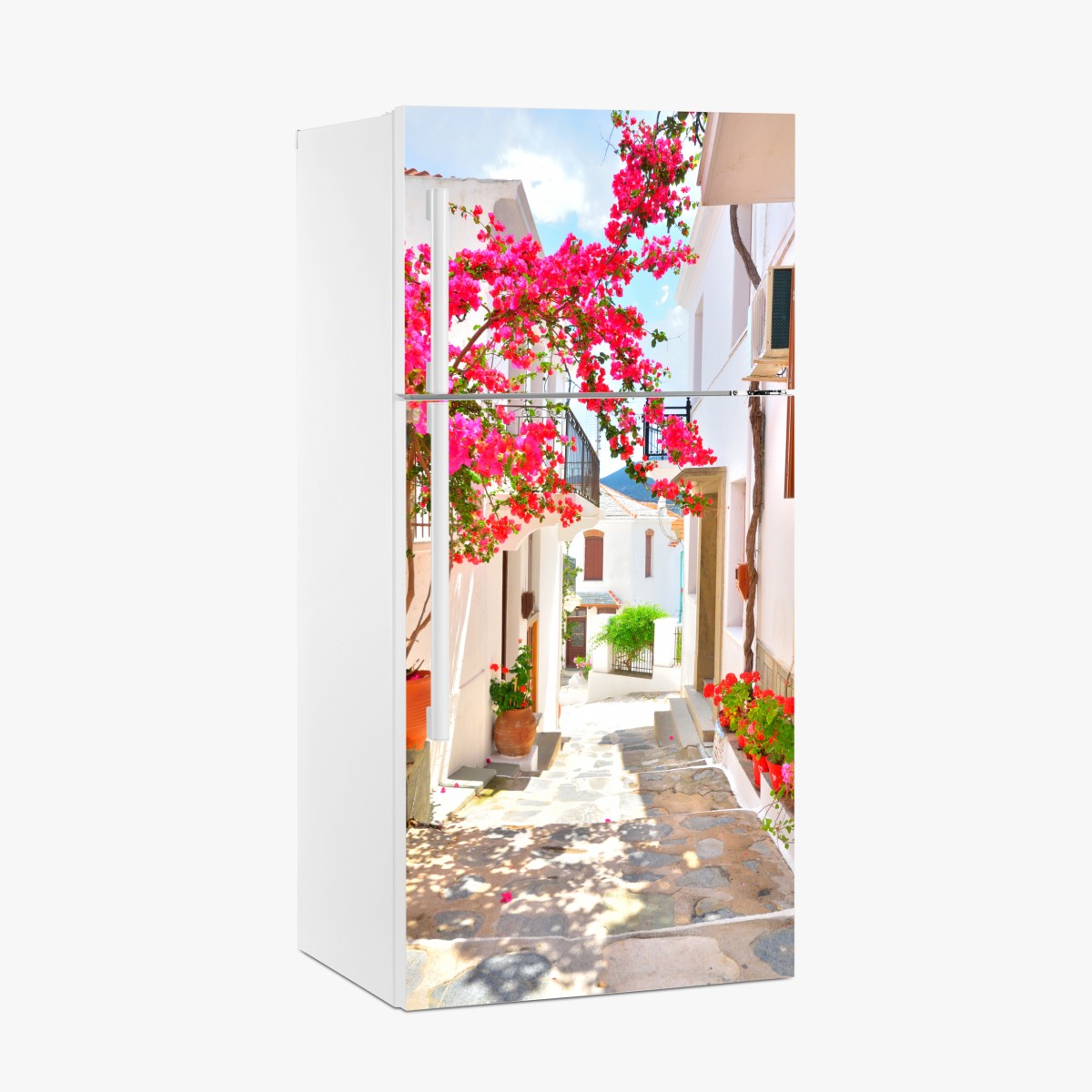 Fridge sticker sunlit mediterranean alley with bougainvillea – Wallissimo®