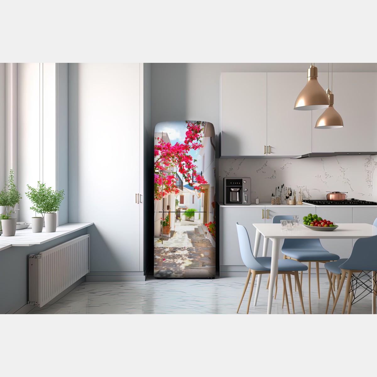 Naklejka na lodówkę słoneczny zaułek śródziemnomorski z bugenwillą – Wallissimo® Naklejka na lodówkę słoneczny zaułek śródziemnomorski z bugenwillą – Wallissimo®