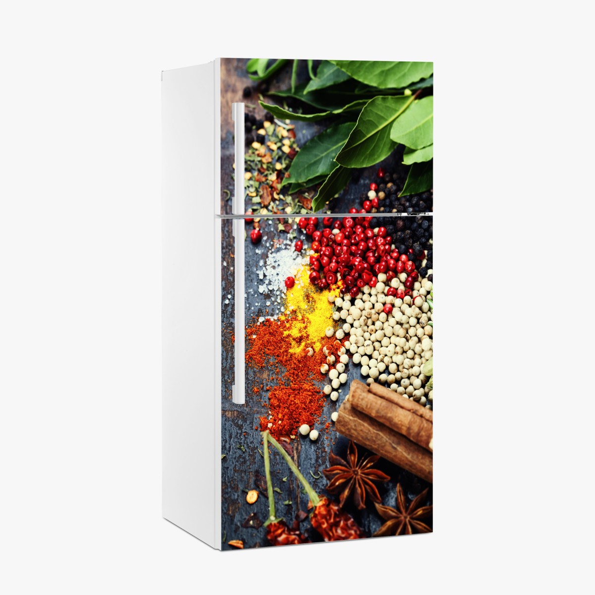 Fridge sticker vibrant spice assortment on rustic wood – Wallissimo®