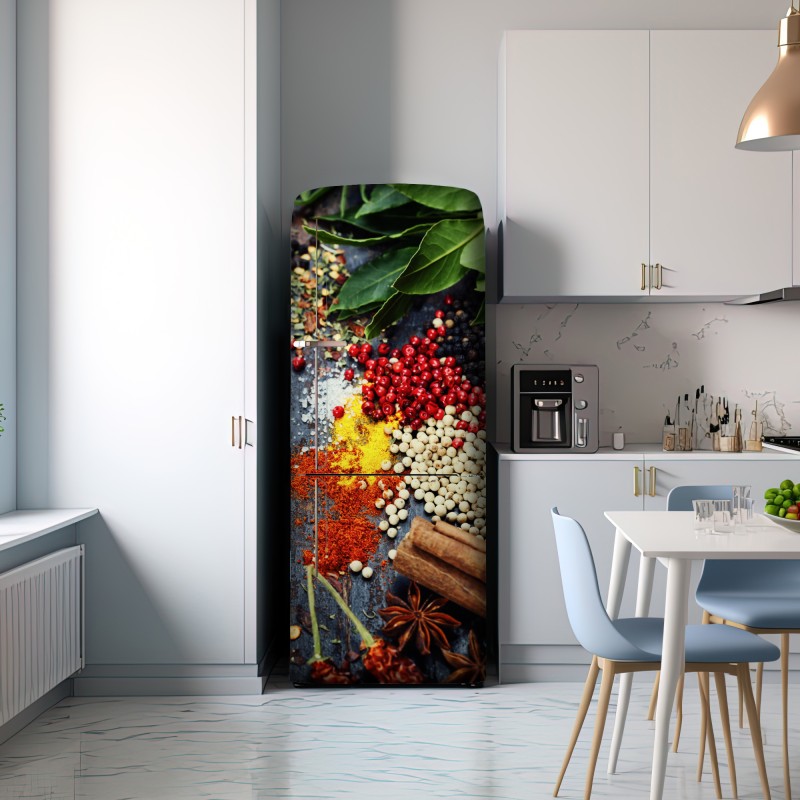 Naklejka na lodówkę intensywny zestaw przypraw na rustykalnym drewnie – Wallissimo® Naklejka na lodówkę intensywny zestaw przypraw na rustykalnym drewnie – Wallissimo®