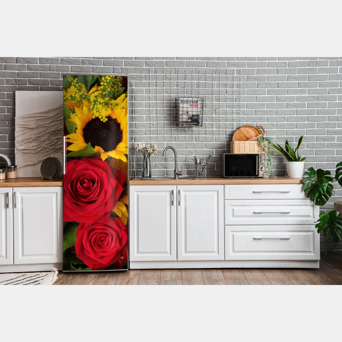 Naklejka na lodówkę czerwone róże i słoneczniki w bukiecie – Wallissimo® Naklejka na lodówkę czerwone róże i słoneczniki w bukiecie – Wallissimo®